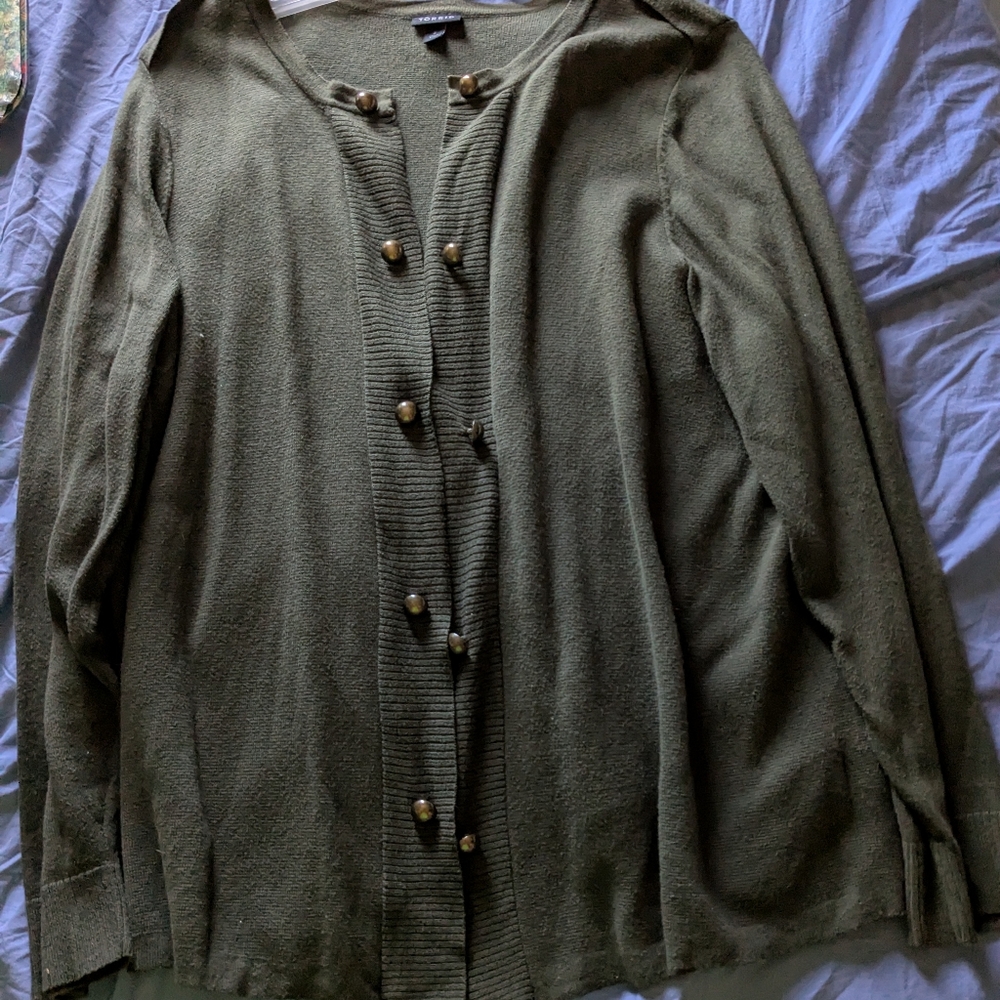 Torrid Olive Green Open Front Cardigan With Gold Buttons